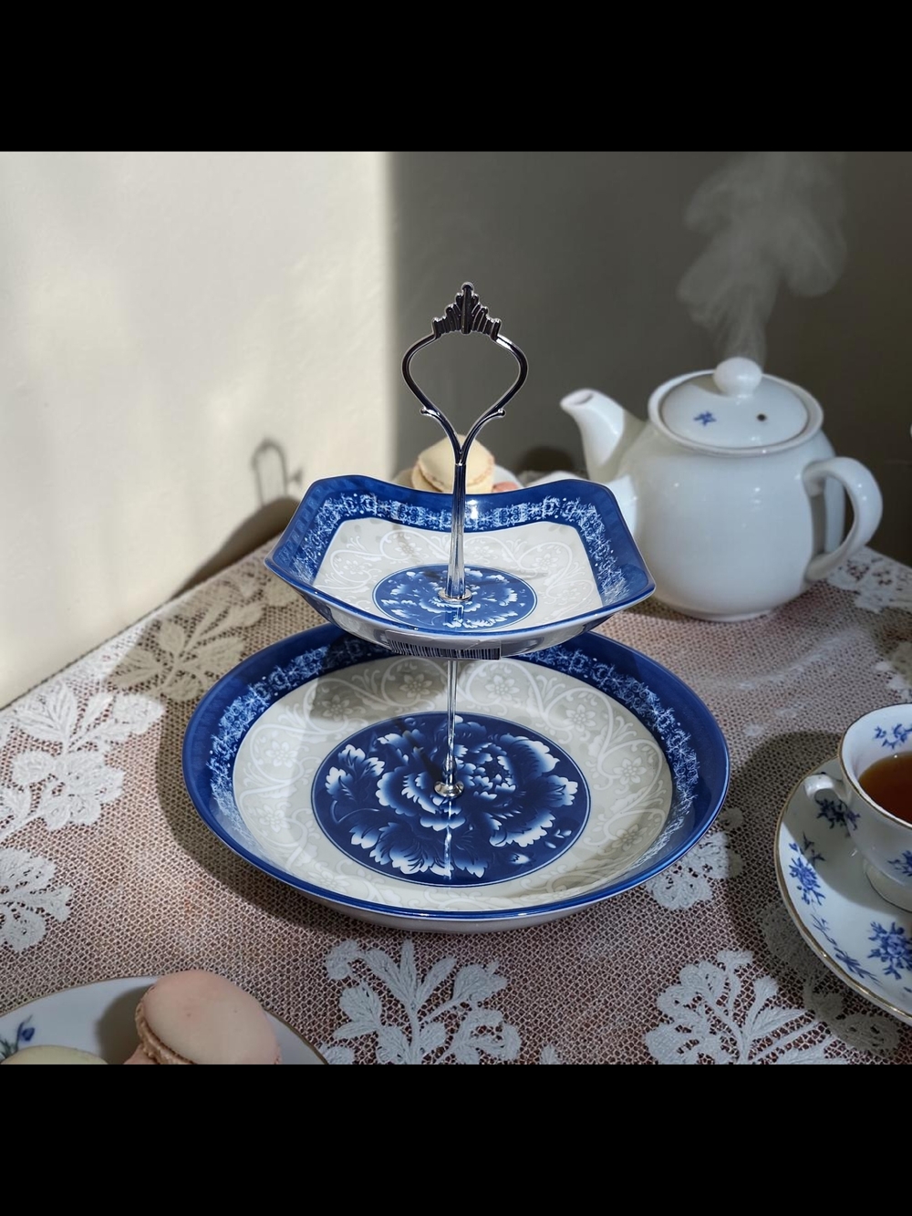 Blue Floral 2 Tier Serving Tray